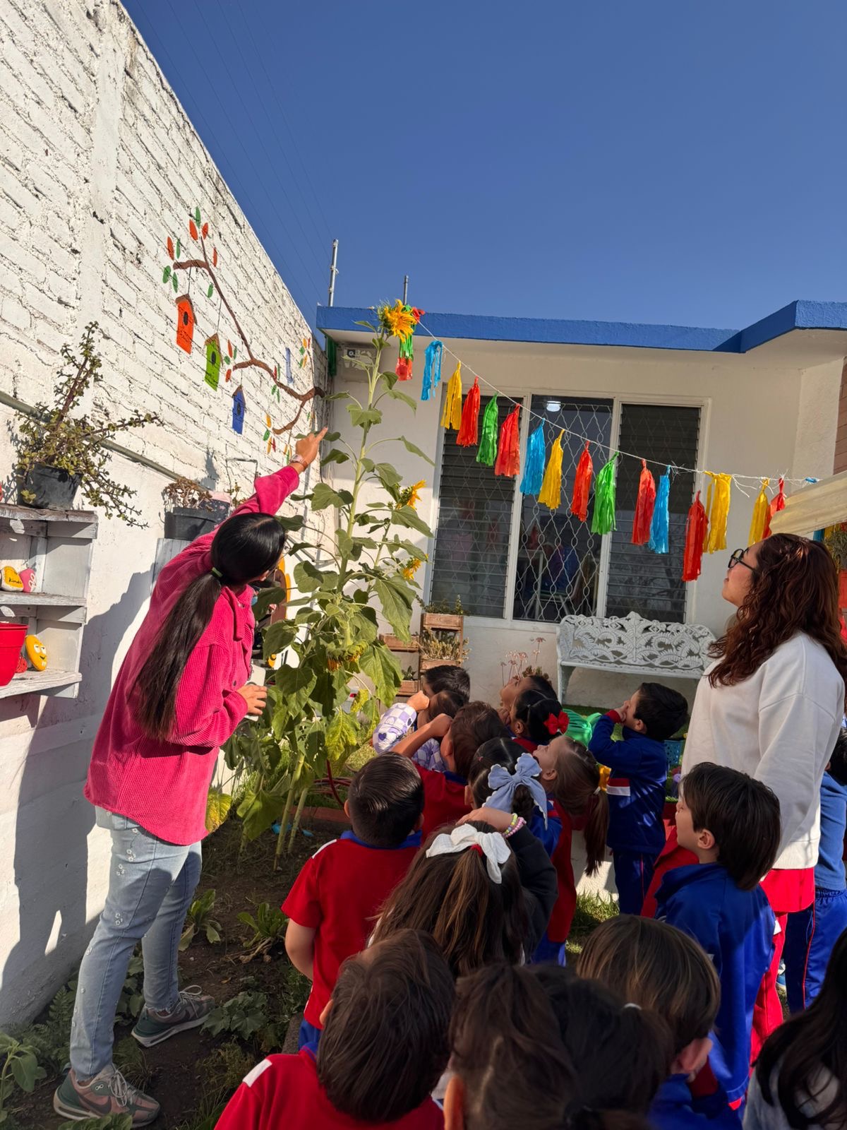 Niños observando el huerto y decoraciones en el patio